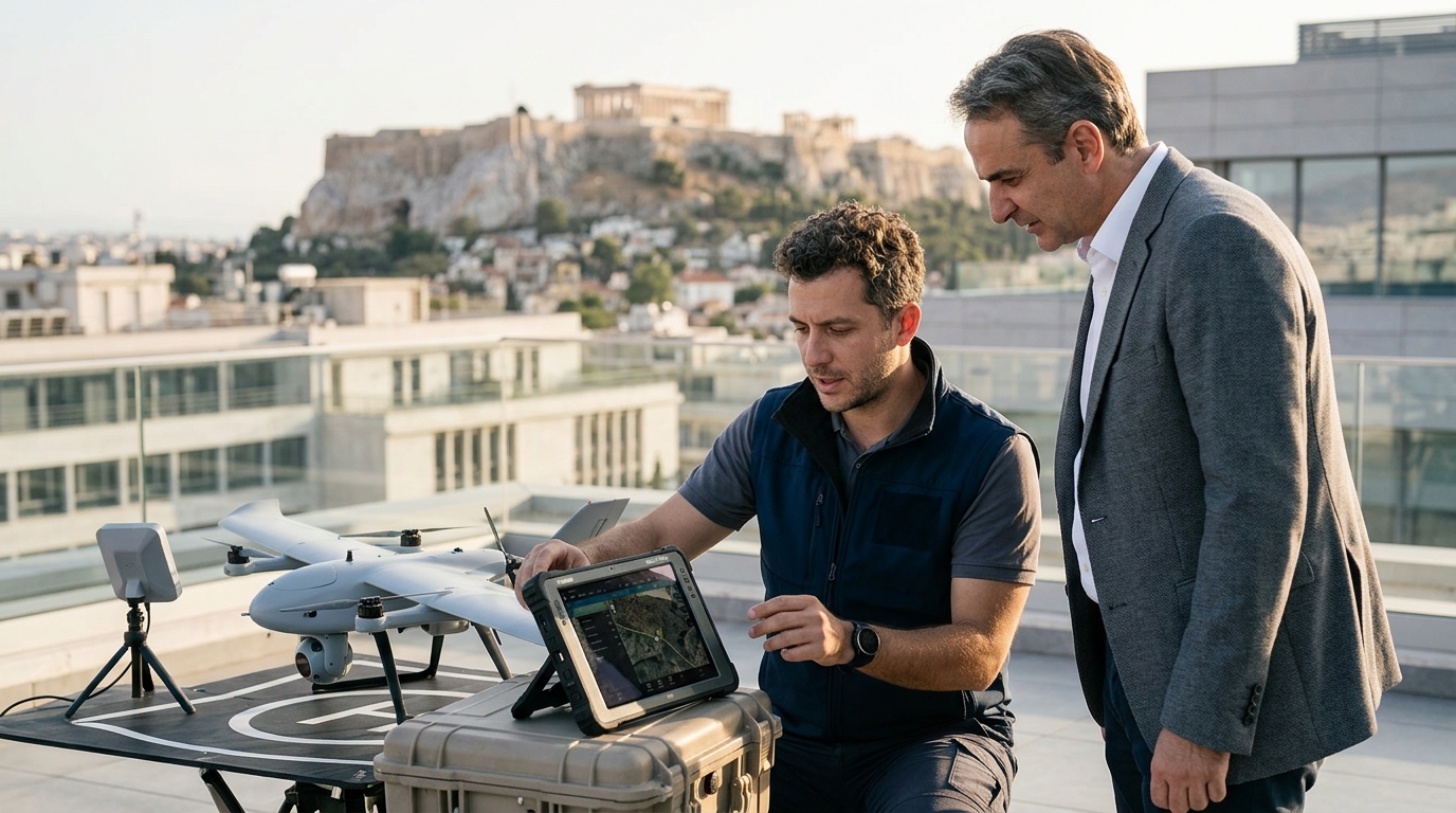Drone με τεχνητή νοημοσύνη επιτηρεί δασική έκταση στην Ελλάδα για την πρόληψη πυρκαγιών.