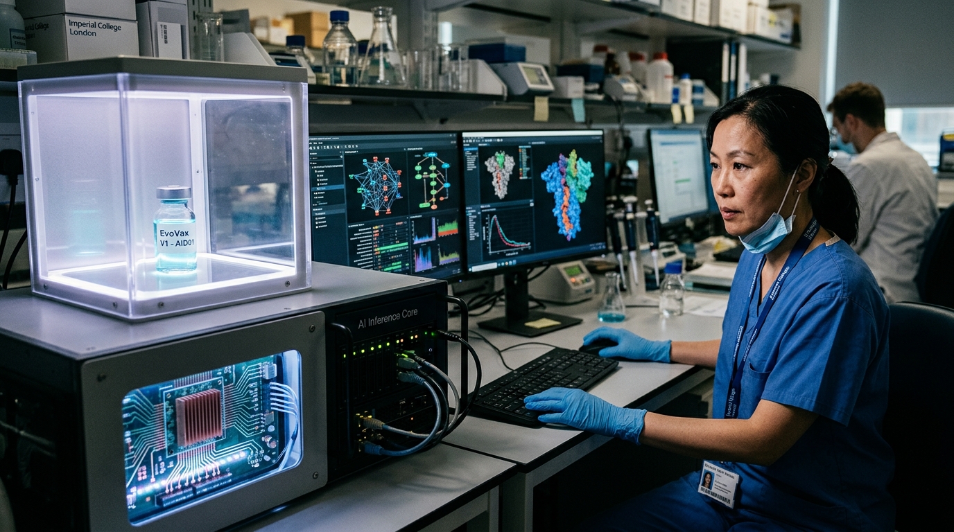 3D visualization of a vaccine designed by artificial intelligence in a medical laboratory.