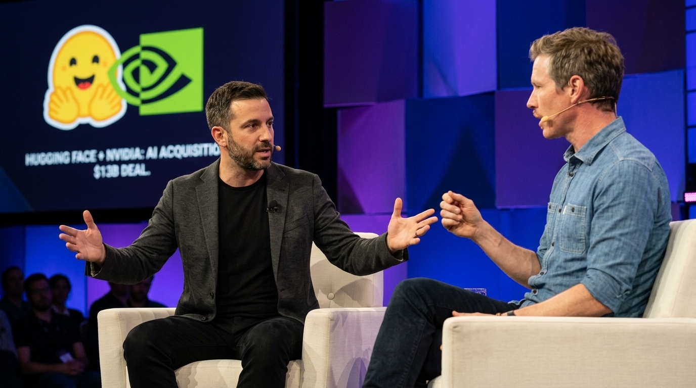 Nvidia logo next to Hugging Face emoji representing the acquisition.