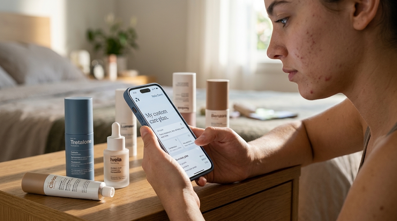 AI system scanning a human face for acne diagnosis and prescription by Nolla Health.
