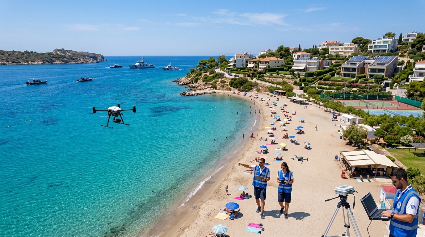 A drone monitoring a Greek beach to ensure coastal management compliance.