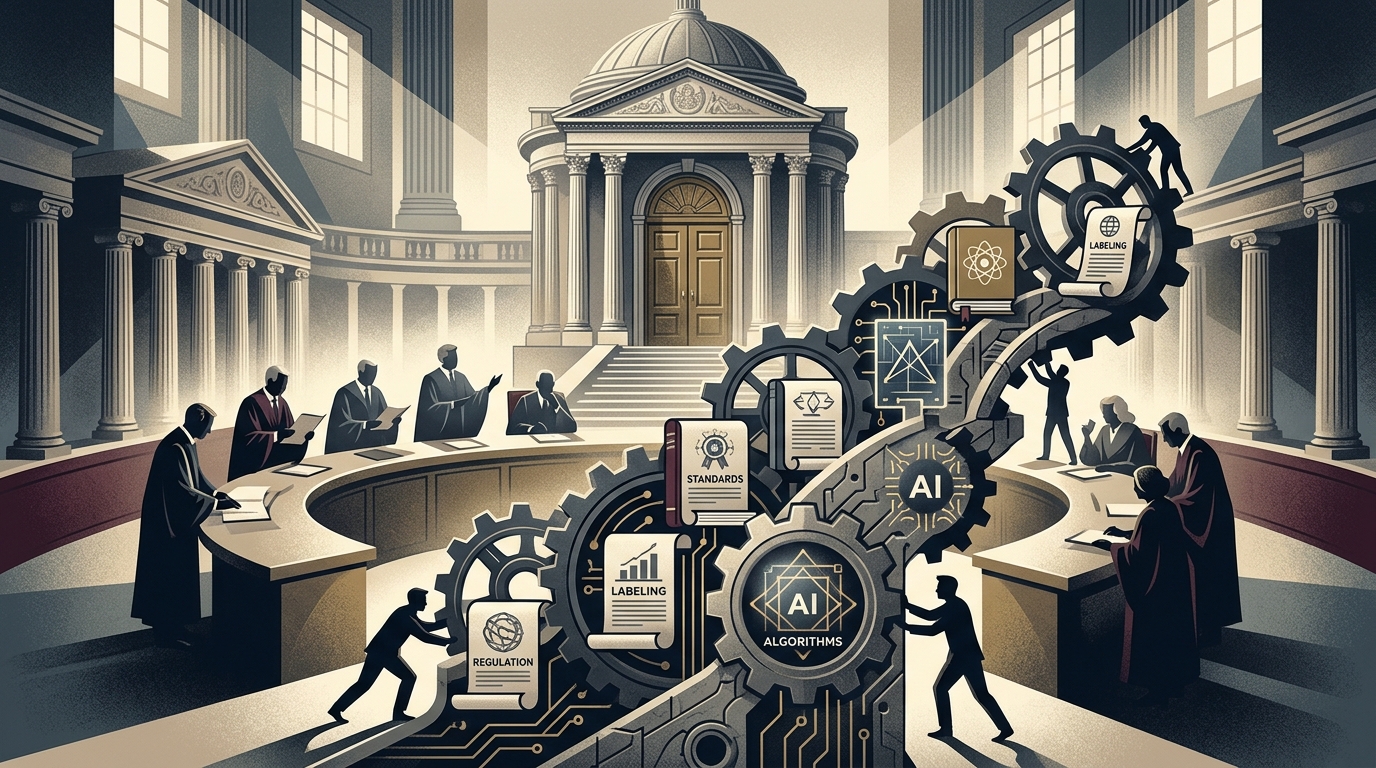 Digital representation of AI regulation and transparency standards in tech.