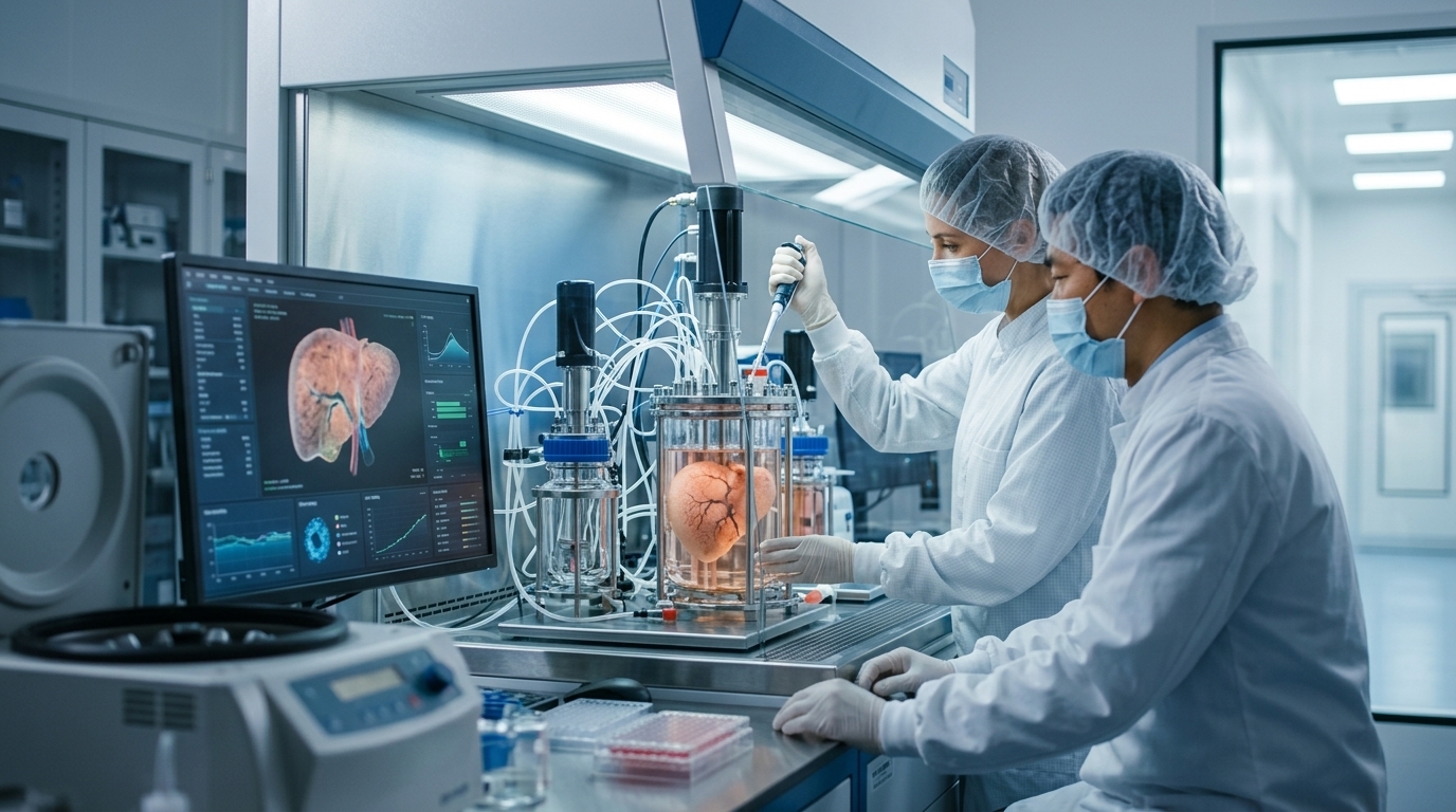Bioengineered lab-grown mini-liver tissue for organ transplant research.