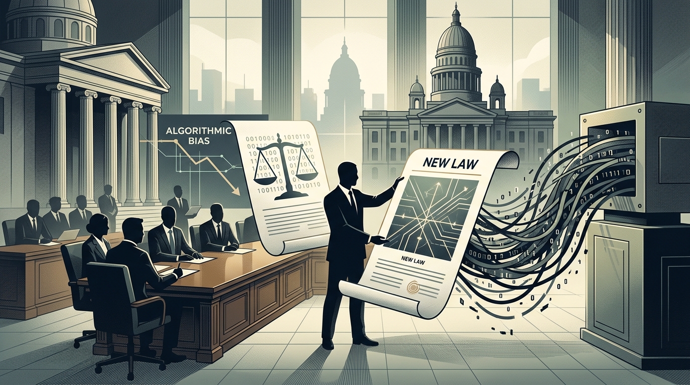 Symbolic representation of AI regulation and the fight against algorithmic bias.