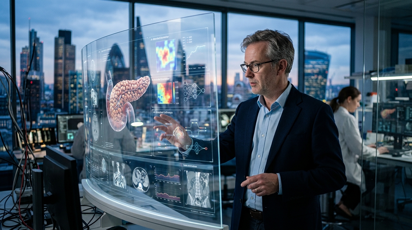 AI visualization for early detection of pancreatic cancer signals.