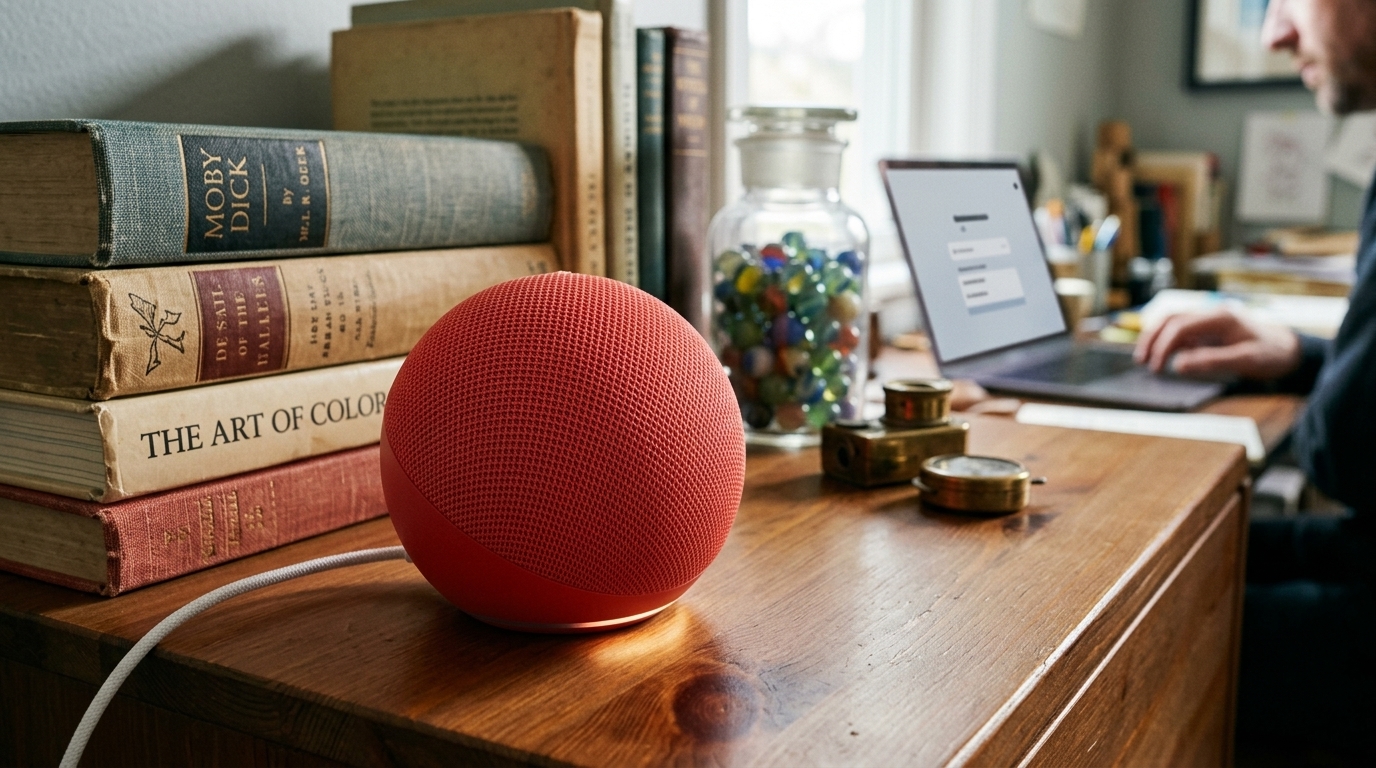 Το κομψό Google Home Speaker σε ξύλινη επιφάνεια, αναδεικνύοντας τον μινιμαλιστικό σχεδιασμό του.