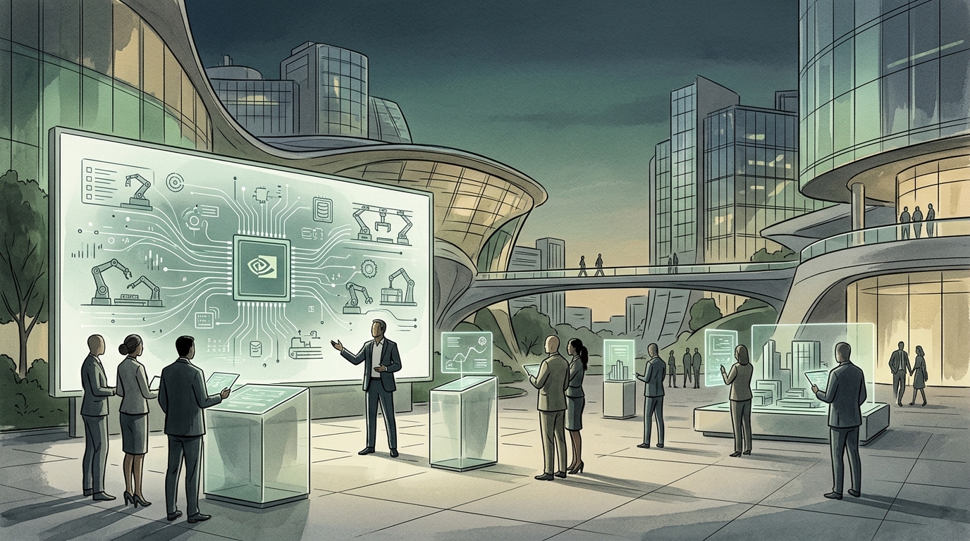 Nvidia CEO Jensen Huang presenting the strategy for industrial artificial intelligence.