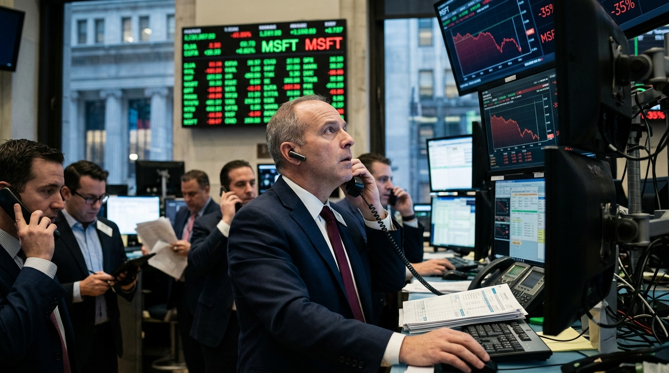 Microsoft logo on a digital stock market chart showing AI investment trends.
