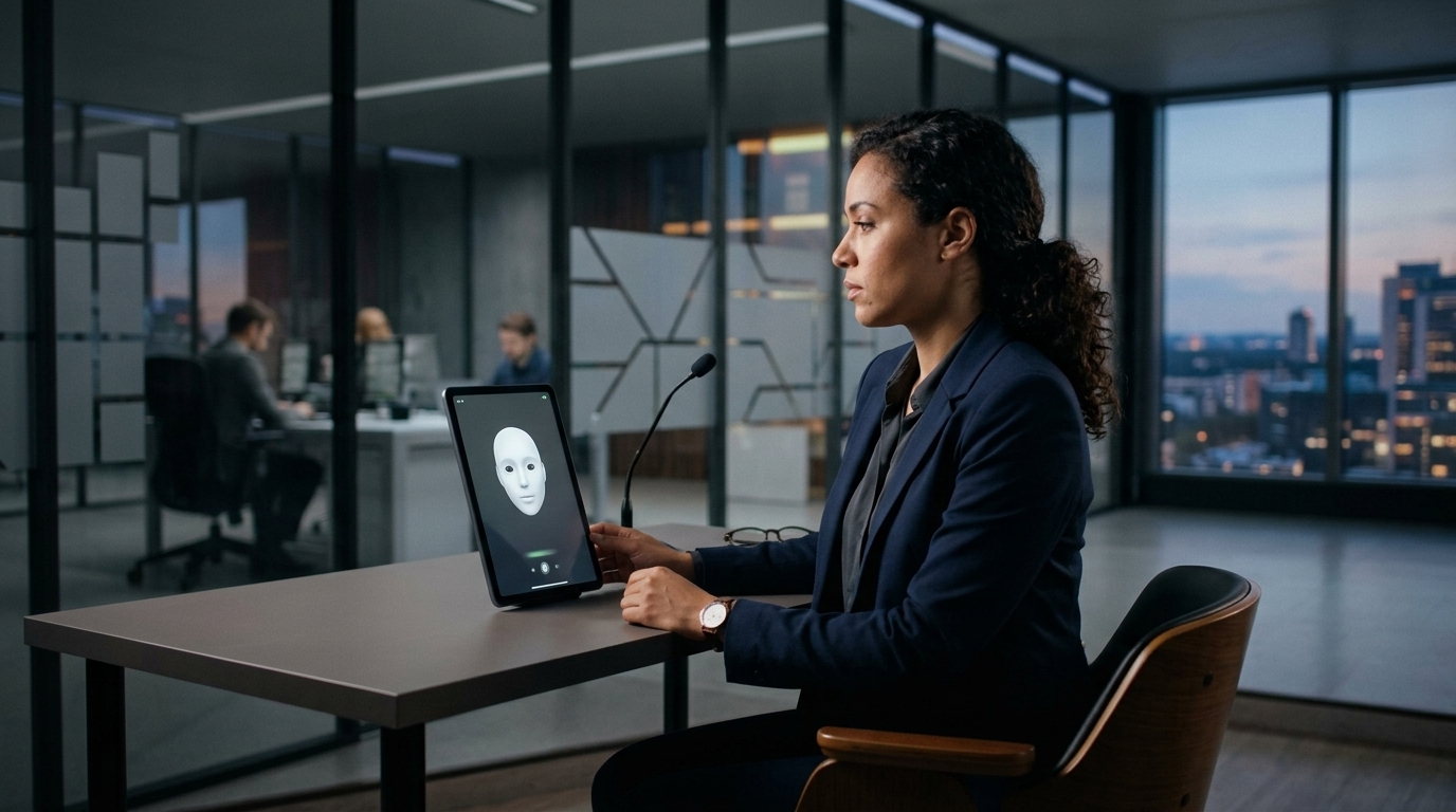 Candidate participating in an AI interview with digital interface overlays on screen.