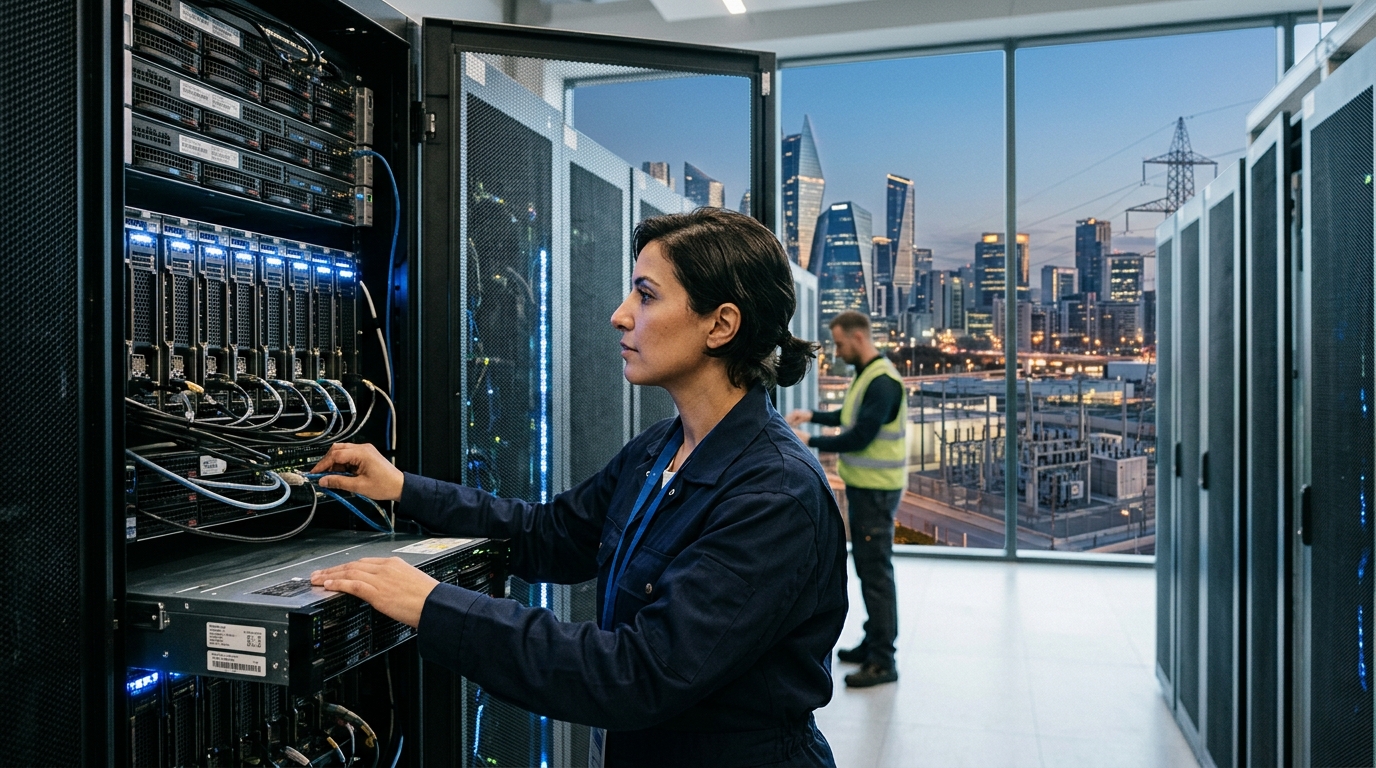 Σύγχρονο data center με μπλε φωτισμό που αναπαριστά την κατανάλωση ενέργειας από AI.