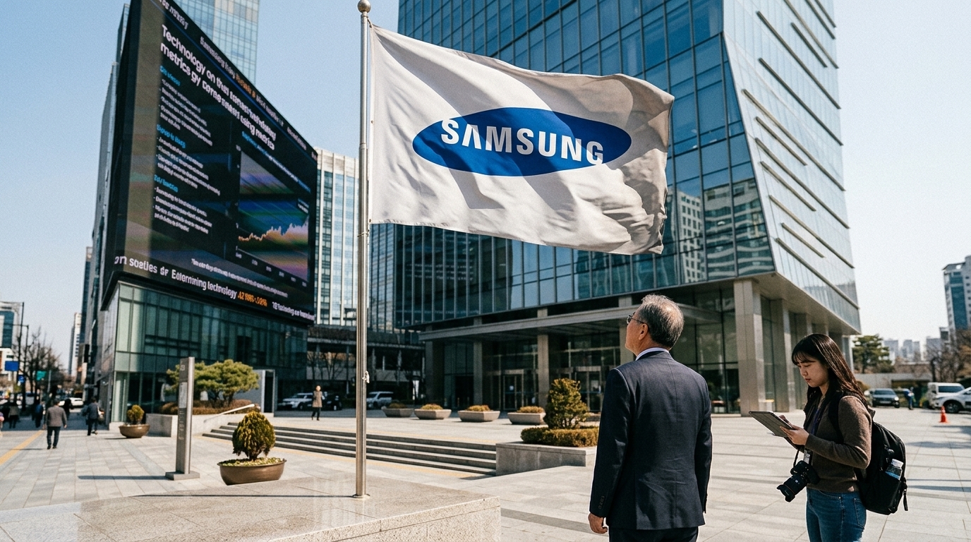 Samsung logo next to AI memory chips representing market growth.