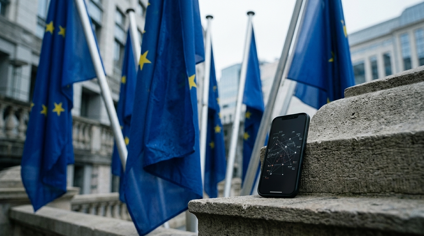 Meta and EU logos on a background symbolizing digital addiction and the protection of minors.