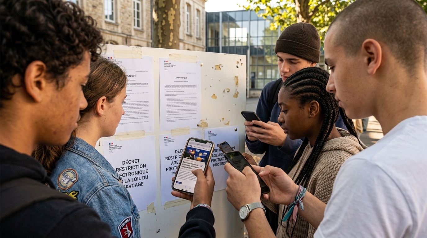 Illustration of a social media ban for minors and EU policy in France.