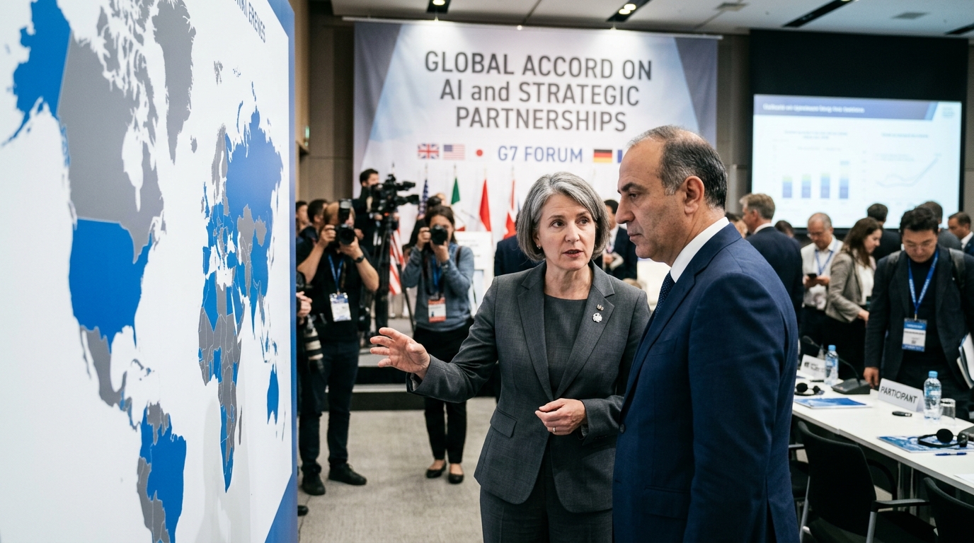 G7 leaders discussing AI geopolitics and exclusive model access.