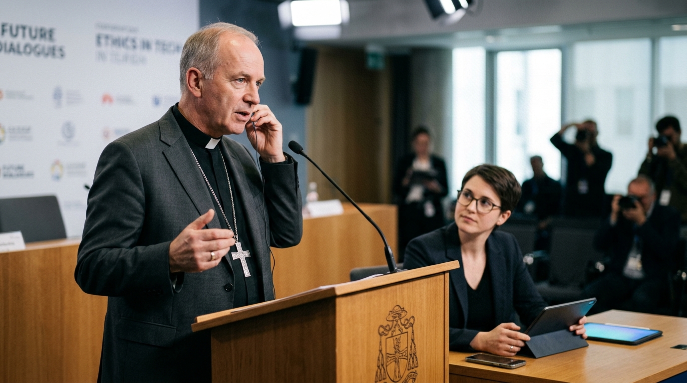 Symbolic illustration of AI ethics featuring Vatican and Silicon Valley elements.