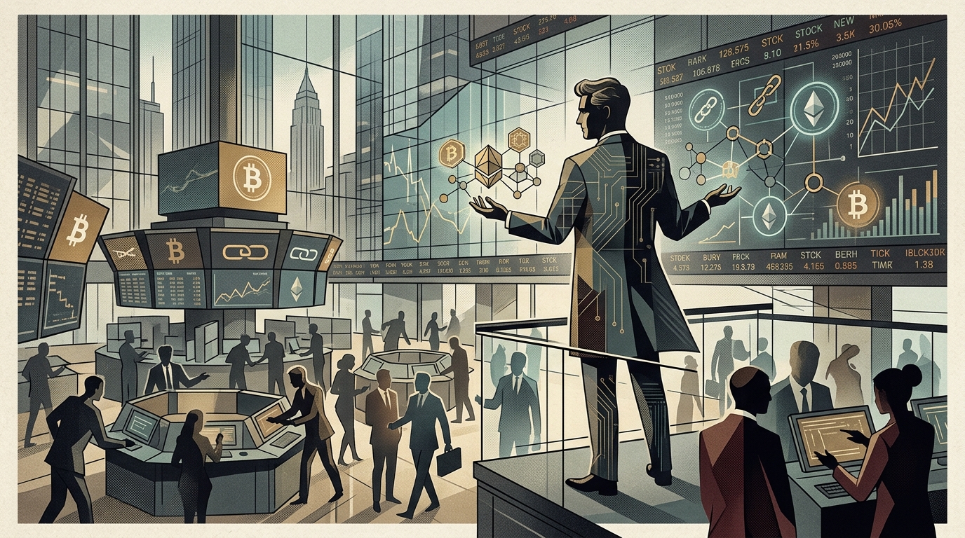 Donald Trump digital illustration with Ethereum and Bitcoin symbols representing his crypto empire.