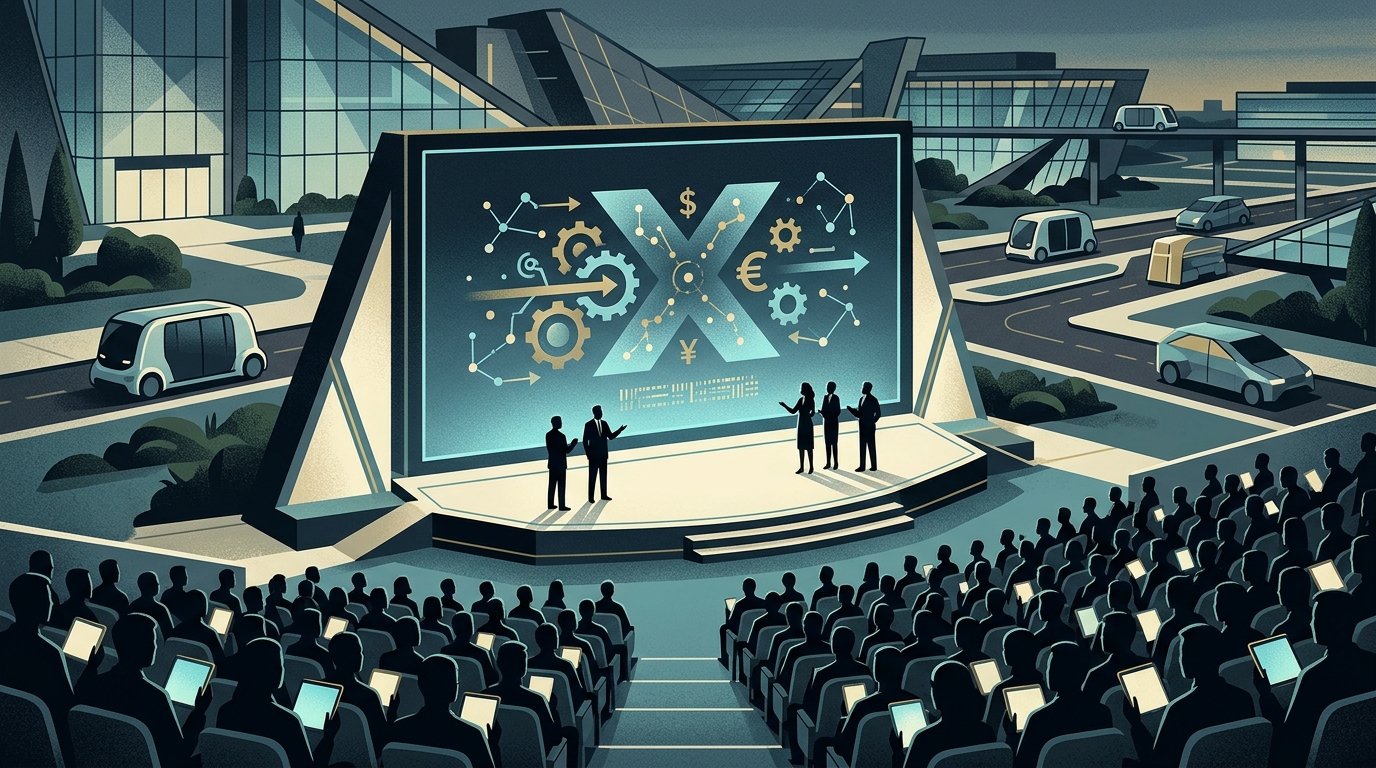 Digital illustration of the X Money logo and Elon Musk against a backdrop of financial data.