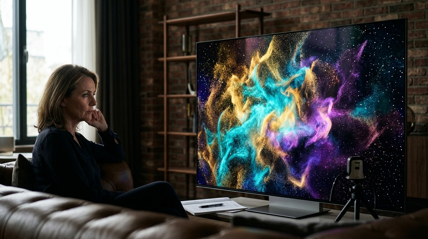 Close-up of the Samsung R95H Micro RGB display showing color accuracy and brightness levels.