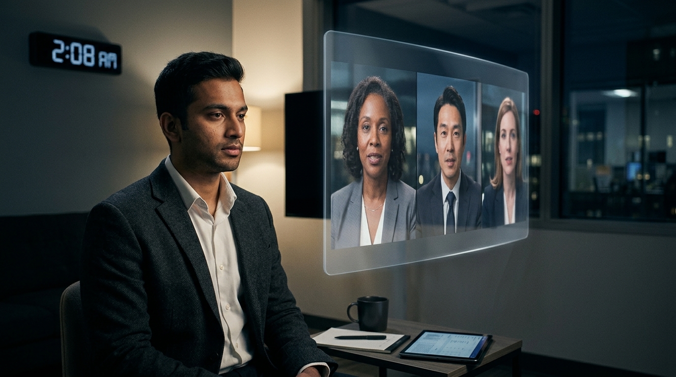AI digital assistant conducting a job interview on a laptop screen at night.