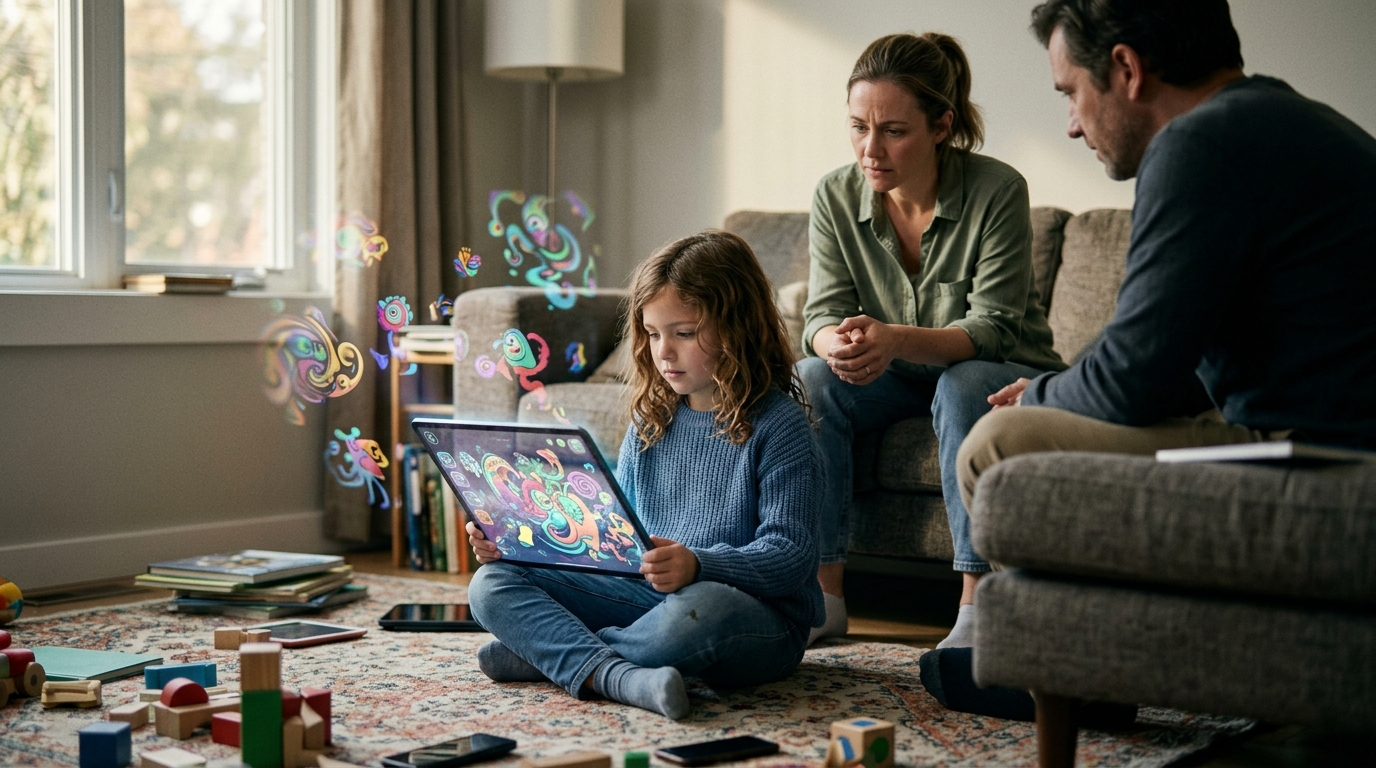A child using a tablet with AI graphics, illustrating the importance of AI safety and digital education.
