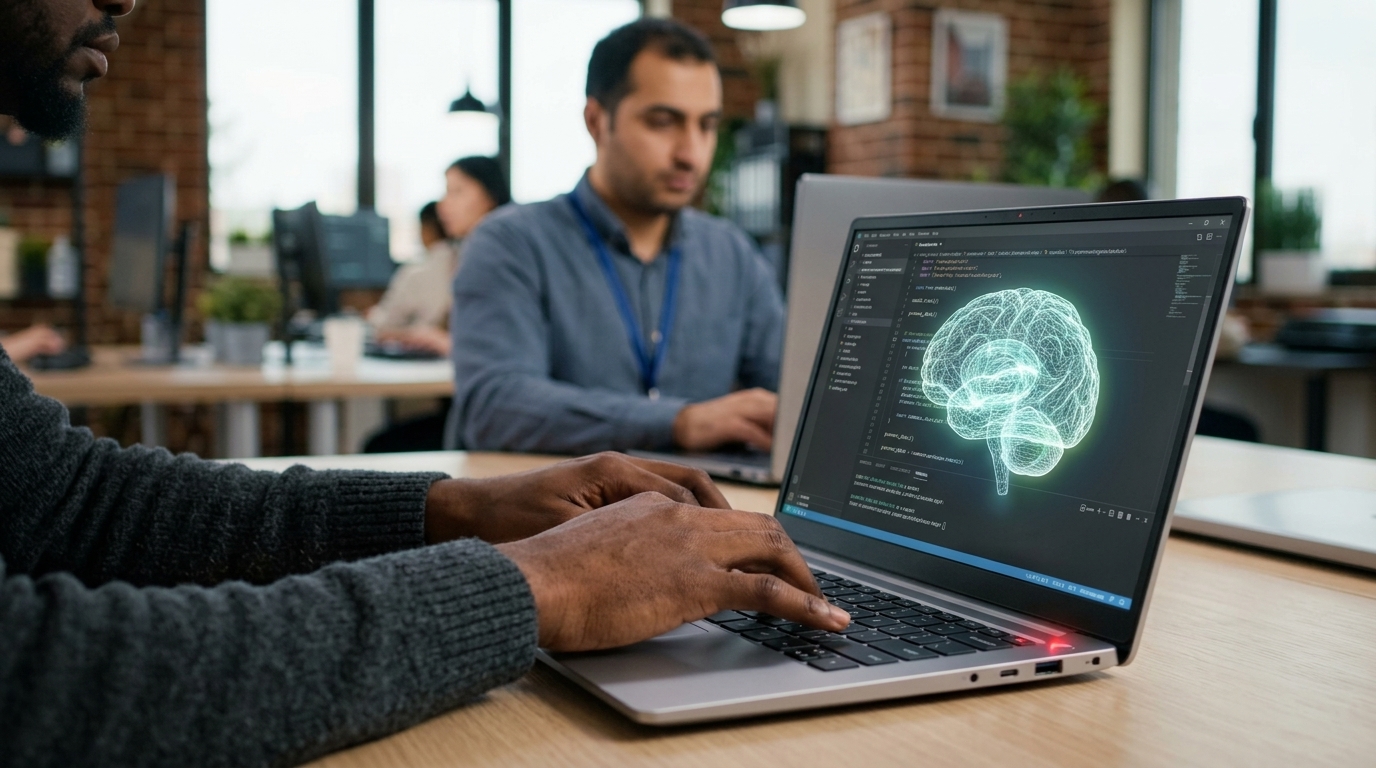 Office worker using AI software, illustrating the impact of AI transparency on reviews.