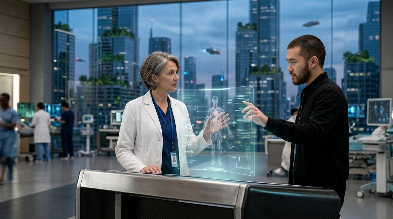 Modern hospital interior featuring digital screens and AI in healthcare applications.