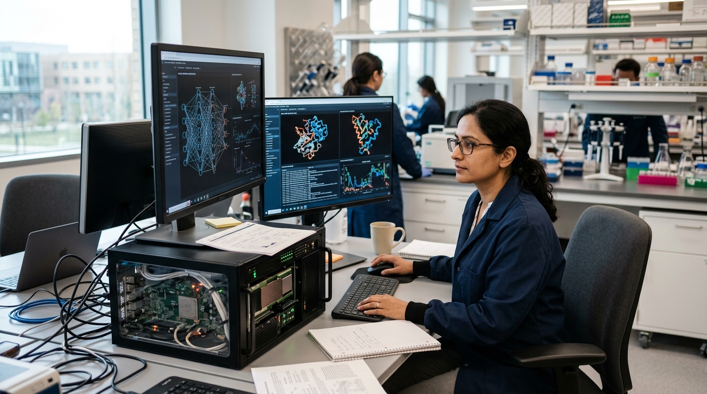 Digital molecular visualization and AI technology used in drug discovery research.