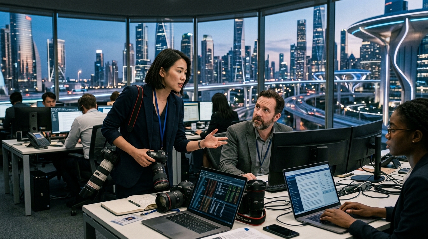 Journalist using artificial intelligence tools in a modern digital newsroom.