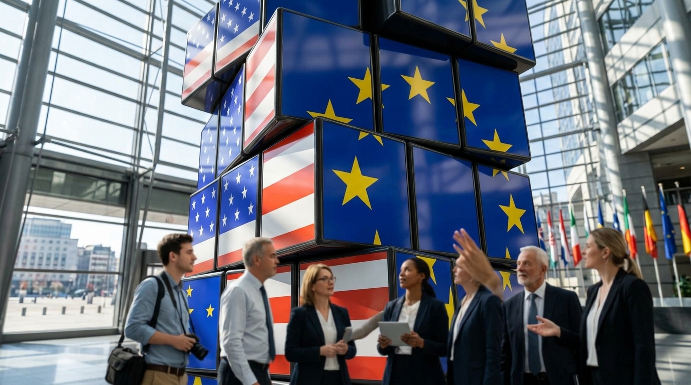 European Parliament building with EU and US flags representing the new trade deal.
