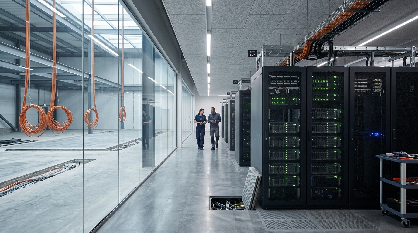 Modern AI Gigafactory data center facility in Europe with advanced infrastructure.