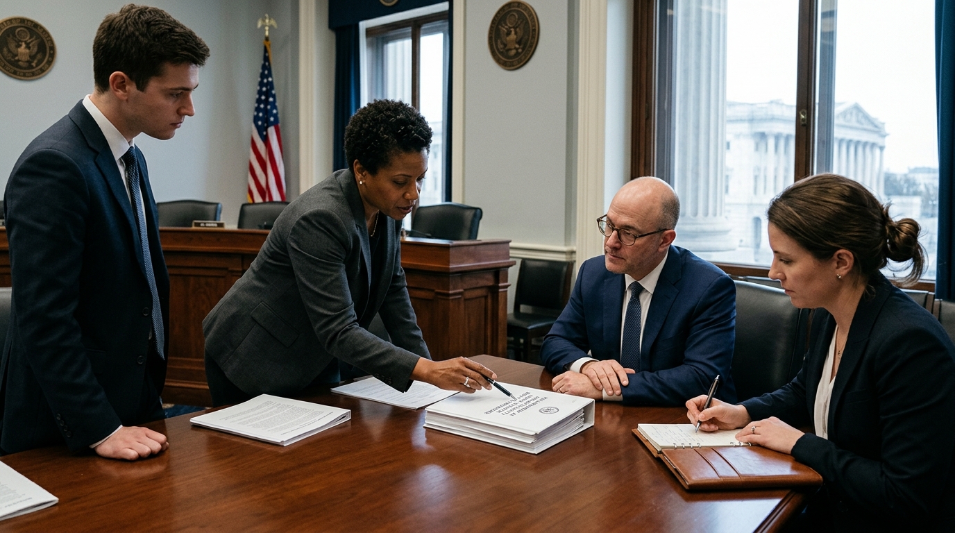 US government building and digital icons representing AI standards.