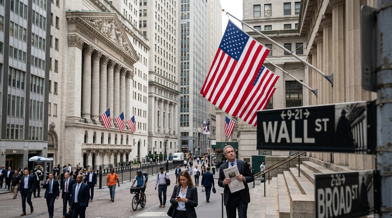 Wall Street stock market board and Fed logo regarding interest rates.