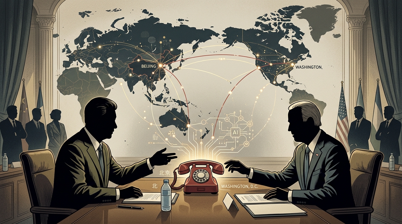 Digital representation of a secure AI hotline between the USA and China for global safety.