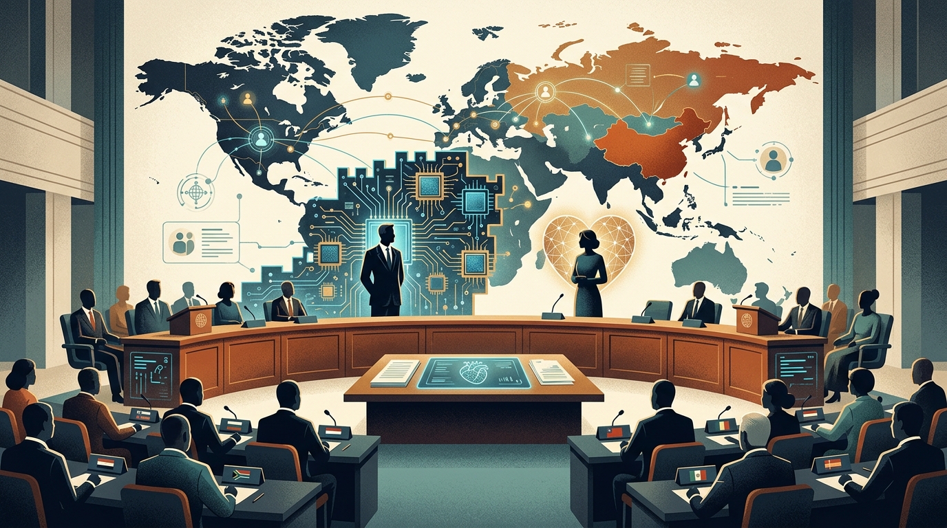 Digital landscape with circuits and human silhouette symbolizing the AI tech war.