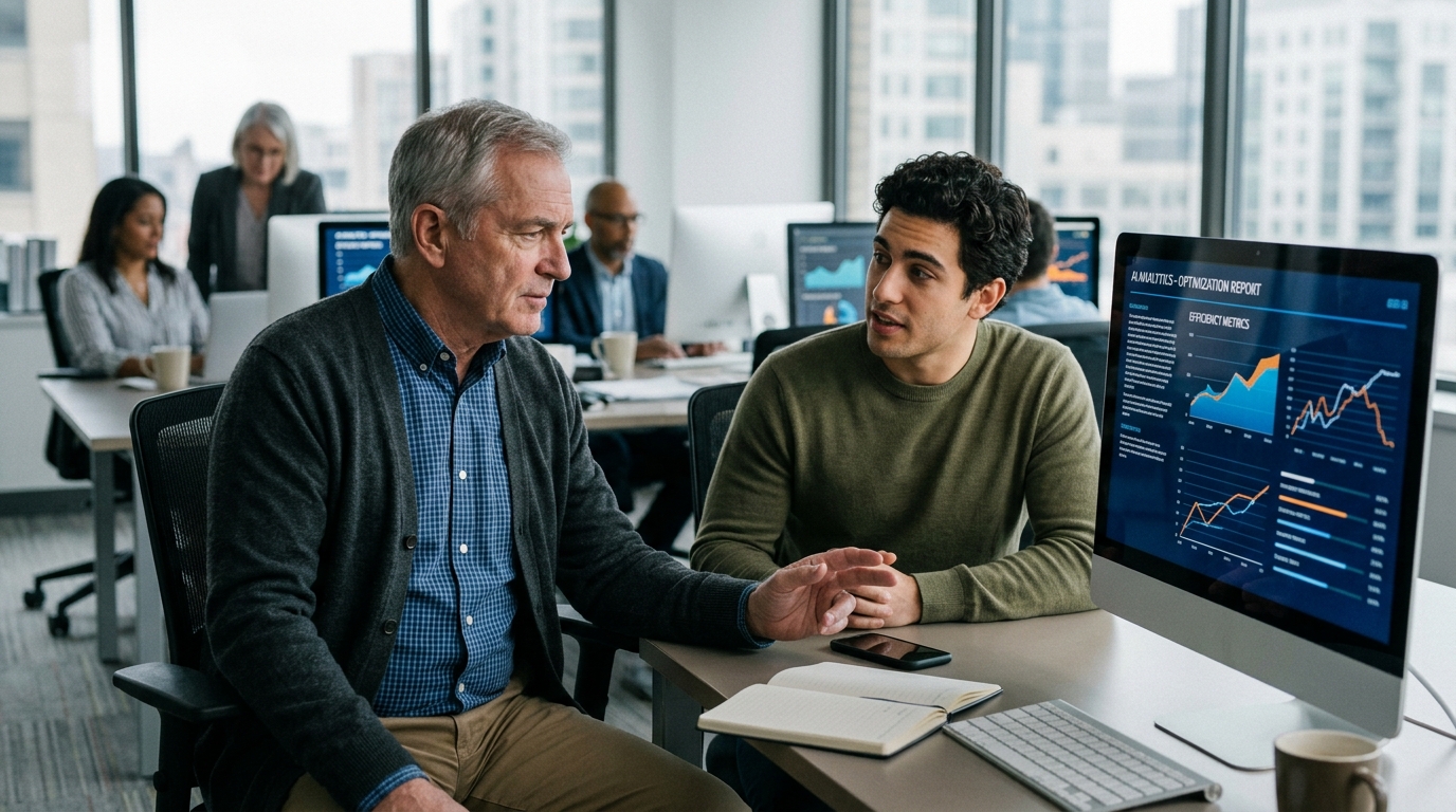Older professional with digital AI graphics representing algorithmic ageism in the modern workforce.