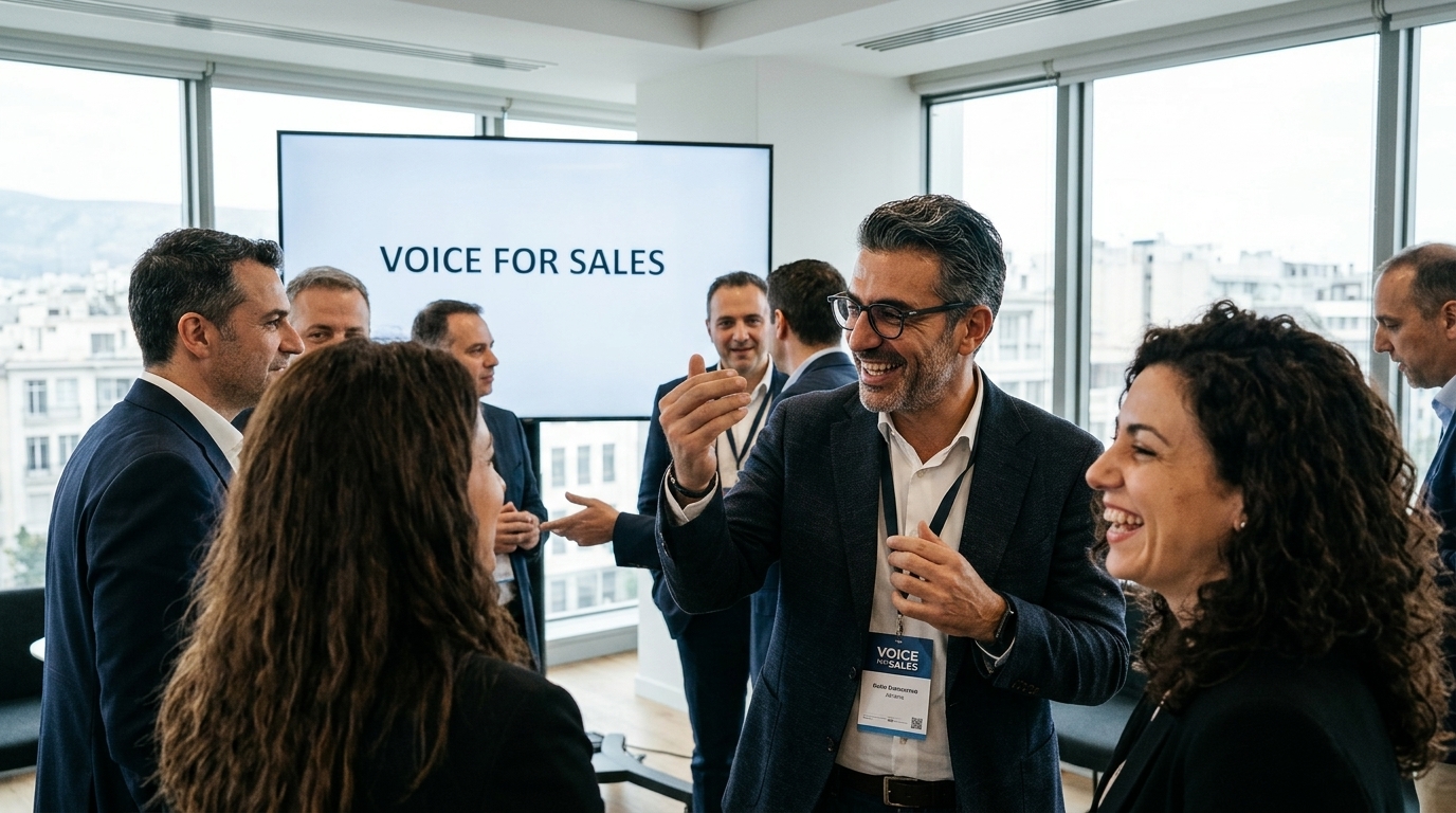 Sales professionals networking at a Voice for Sales event in Greece.