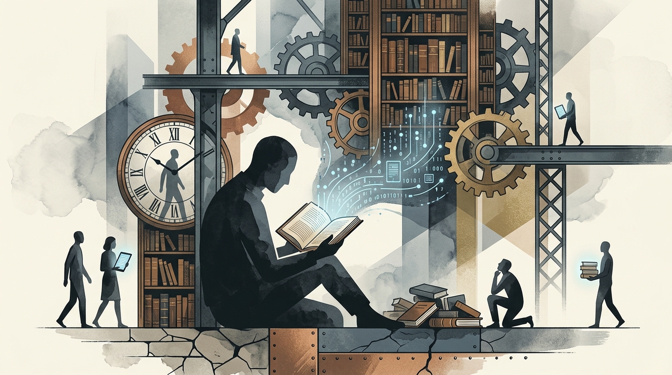 Conceptual art of steel gears and old books illustrating the ethics of AI industrialization.