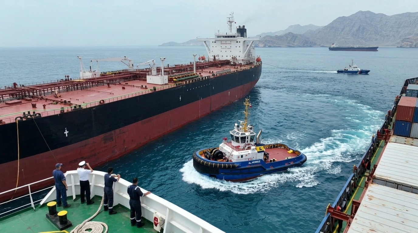 Oil tankers in the Strait of Hormuz monitored by AI surveillance technology.