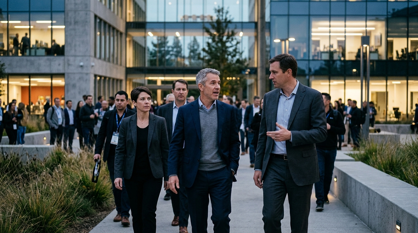 Tech executives at OpenAI and Tencent offices developing artificial intelligence models.