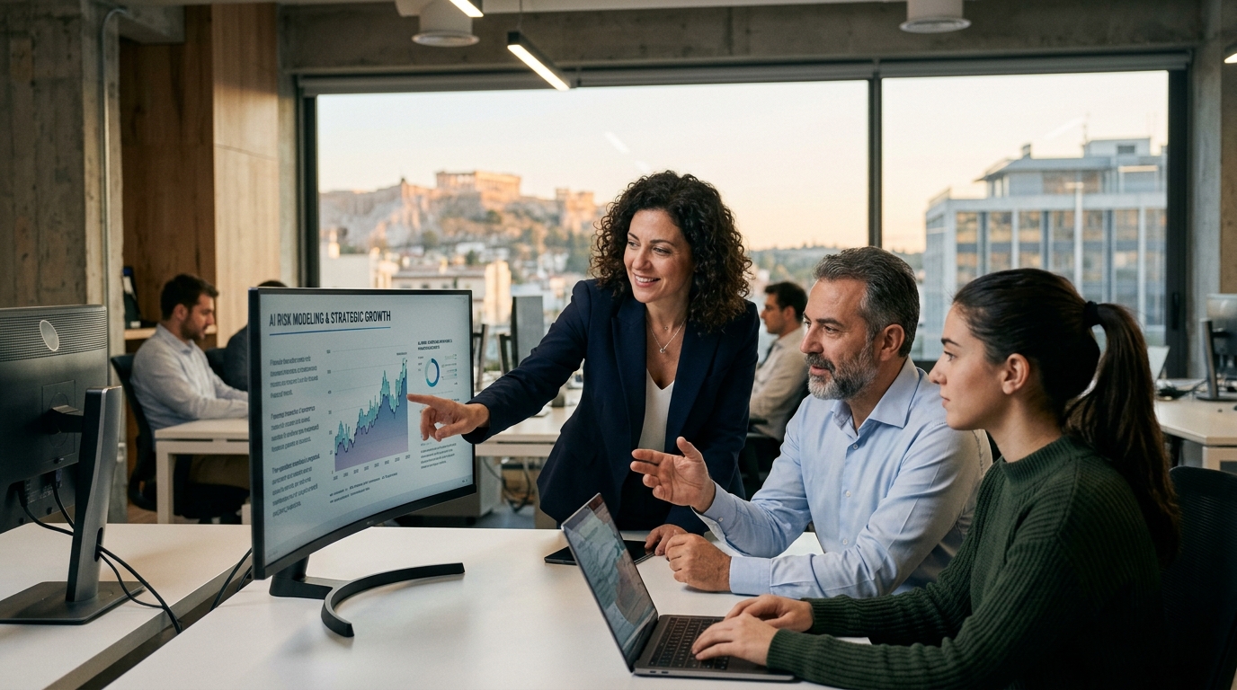 Modern banking environment featuring artificial intelligence and data graphics.