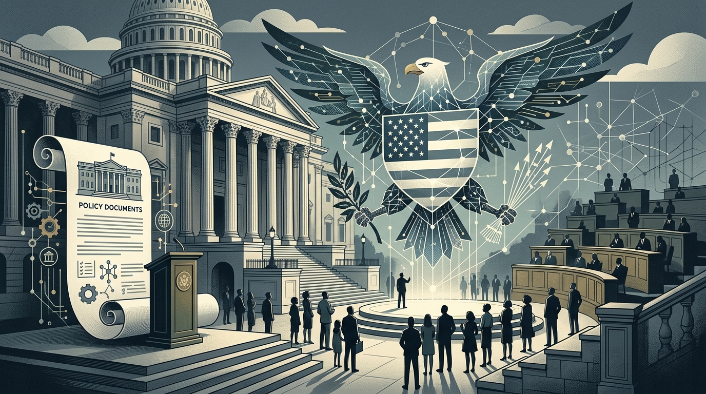 Illustration of US flag and digital brain representing Trump AI strategy.