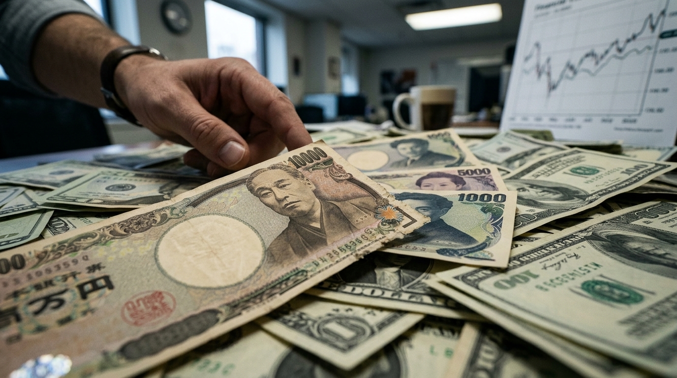 Bank of Japan building with Japanese Yen currency symbols overlay