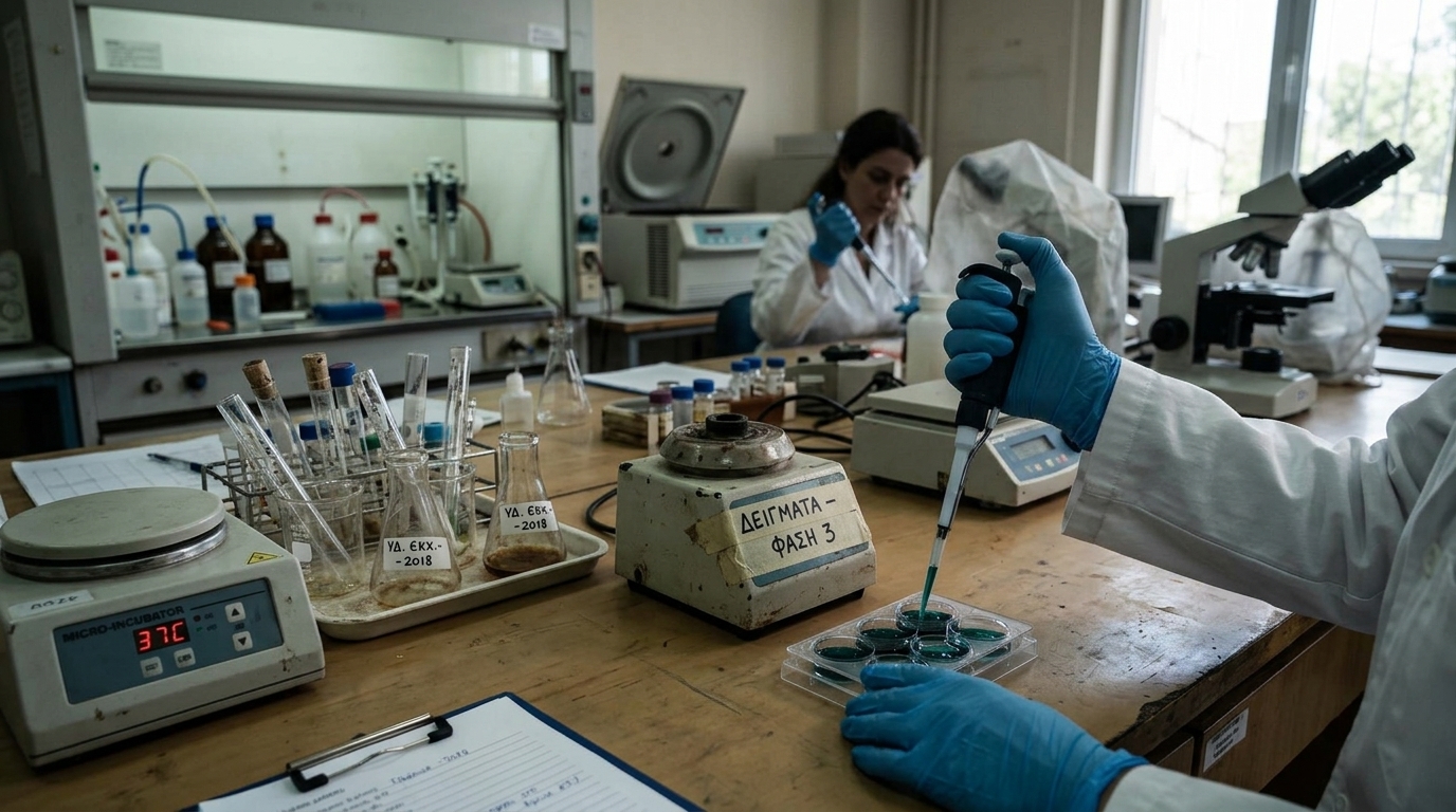 Researchers in a Greek laboratory representing the state of Greek research and the need for funding.