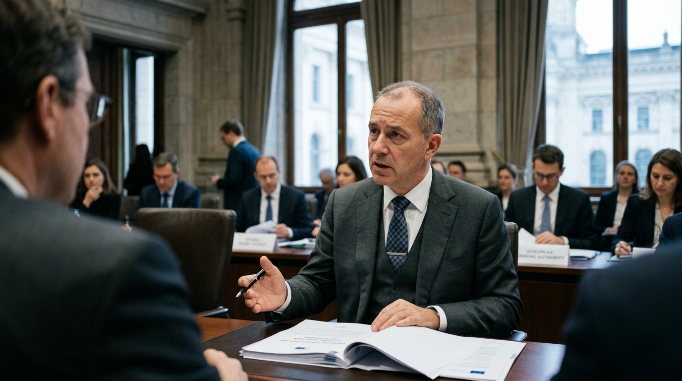 Σύγχρονο τραπεζικό κτίριο στην Ευρώπη με ψηφιακά γραφήματα AI και δεδομένα.