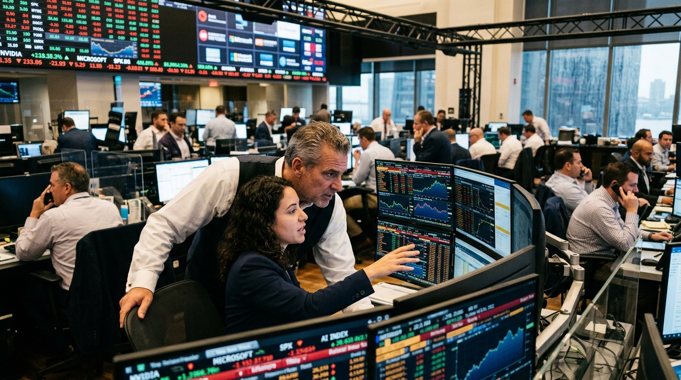 Wall Street stock market chart featuring artificial intelligence symbols and AI investment trends.