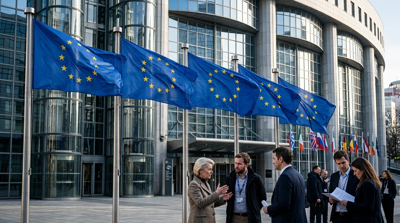 European Commission building with EU budget symbols and the German flag representing fiscal debates.