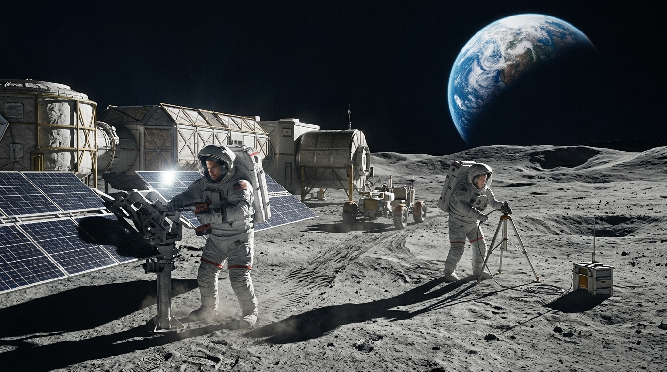 Ψηφιακή απεικόνιση της μόνιμης βάσης της NASA στον Νότιο Πόλο της Σελήνης.