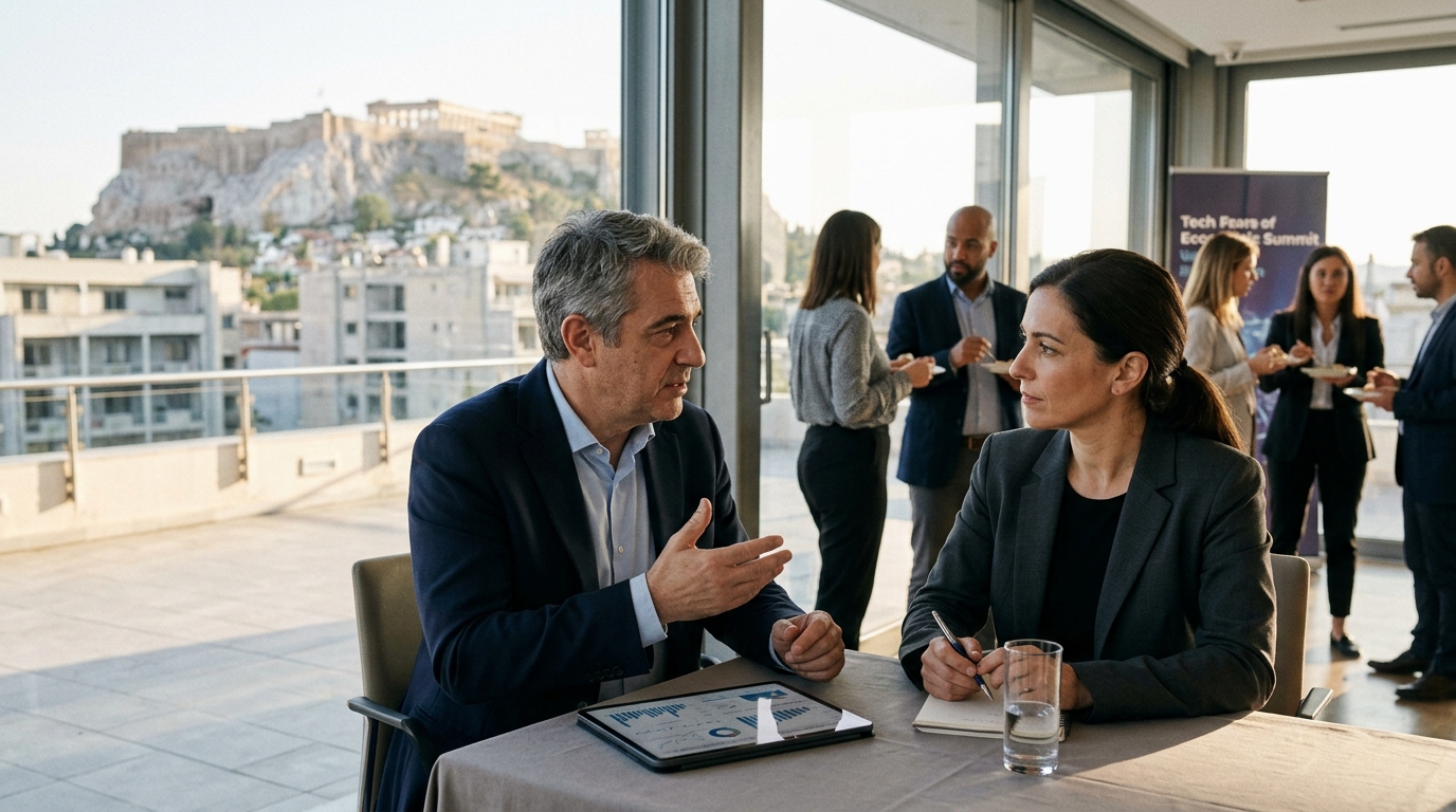 Οικονομολόγος χρησιμοποιεί Τεχνητή Νοημοσύνη για την ανάλυση δεδομένων σε ψηφιακό περιβάλλον.