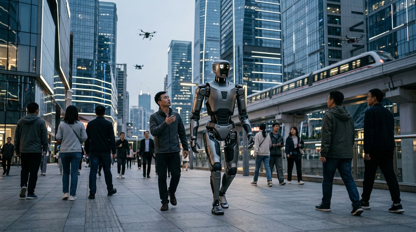 Advanced humanoid robot powered by embodied AI in a modern industrial setting.