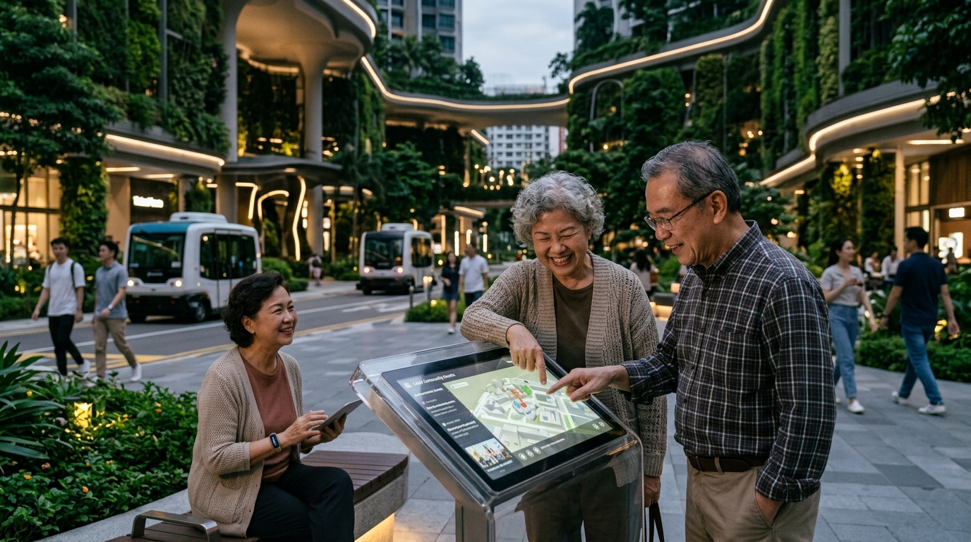Elderly person using a tablet with AI applications for social networking.